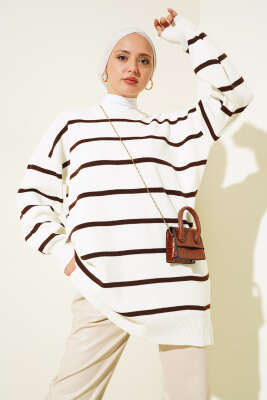 Çizgili Pike Salaş Triko Tunik Kahve - Thumbnail