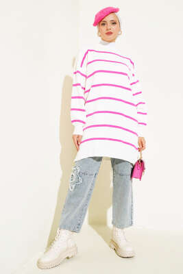 Çizgili Pike Salaş Triko Tunik Fuşya - Thumbnail