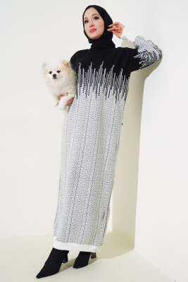 Desenli Taşlı Triko Elbise Siyah - Thumbnail