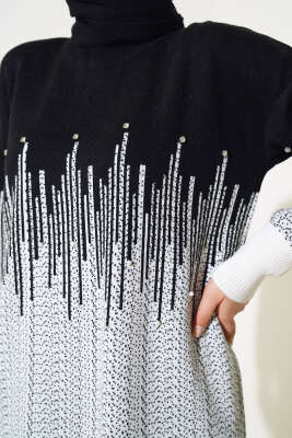 Desenli Taşlı Triko Elbise Siyah - Thumbnail