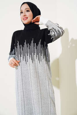 Desenli Taşlı Triko Elbise Siyah - Thumbnail