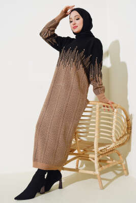 Desenli Taşlı Triko Elbise Büsküvi - Thumbnail