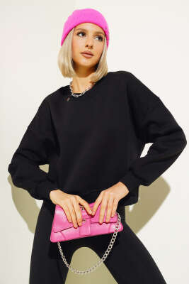 Şardonlu Kısa Sweatshirt Siyah - Thumbnail