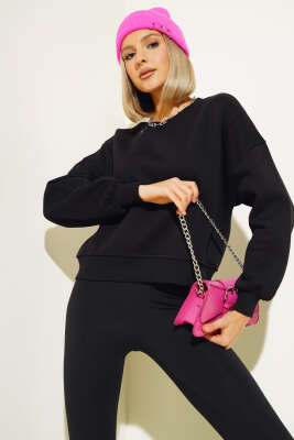 Şardonlu Kısa Sweatshirt Siyah - Thumbnail