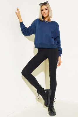Şardonlu Kısa Sweatshirt Lacivert - Thumbnail