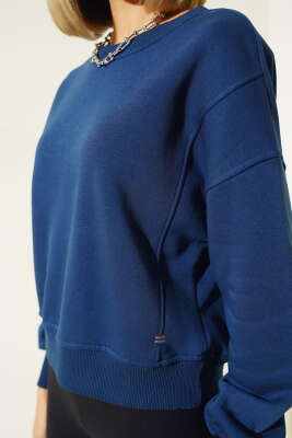 Şardonlu Kısa Sweatshirt Lacivert - Thumbnail