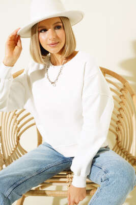 Şardonlu Kısa Sweatshirt Ekru - Thumbnail