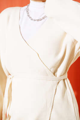 Beli Bağlamalı Triko Kimono Takım Bej - Thumbnail