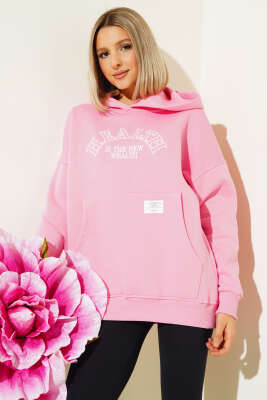 Health Nakışlı Üç İplik Sweatshirt Pembe - Thumbnail
