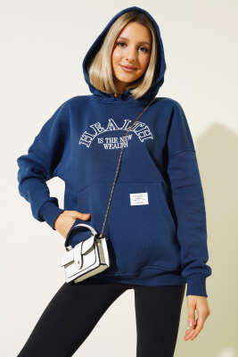 Health Nakışlı Üç İplik Sweatshirt Lacivert - Thumbnail