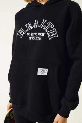 Health Nakışlı Üç İplik Sweatshirt Siyah - Thumbnail
