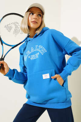 Health Nakışlı Üç İplik Sweatshirt Saks - Thumbnail