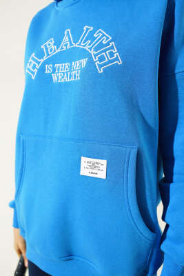 Health Nakışlı Üç İplik Sweatshirt Saks - Thumbnail