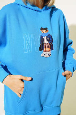 Ayıcık Baskılı Kapüşonlu Şardonlu Sweatshirt Saks - Thumbnail