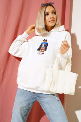 Ayıcık Baskılı Kapüşonlu Şardonlu Sweatshirt Ekru - Thumbnail