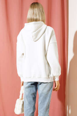 Ayıcık Baskılı Kapüşonlu Şardonlu Sweatshirt Ekru - Thumbnail