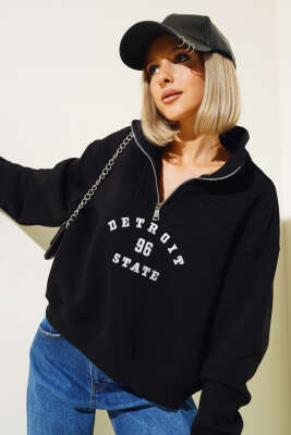 Nakışlı Fermuarlı Üç İplik Kısa Sweatshirt Siyah - Thumbnail