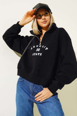 Nakışlı Fermuarlı Üç İplik Kısa Sweatshirt Siyah - Thumbnail