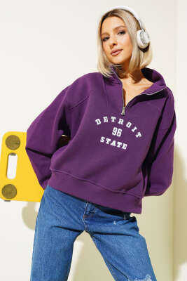 Nakışlı Fermuarlı Üç İplik Kısa Sweatshirt Mor - Thumbnail