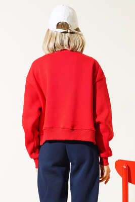 Nakışlı Fermuarlı Üç İplik Kısa Sweatshirt Kırmızı - Thumbnail