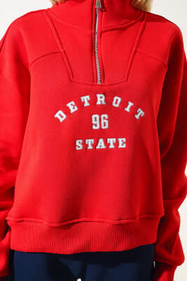 Nakışlı Fermuarlı Üç İplik Kısa Sweatshirt Kırmızı - Thumbnail