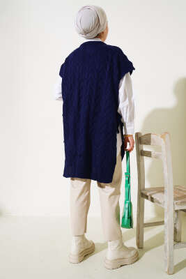 Saç Örgü Yan Bağlamalı Triko Süveter Lacivert - Thumbnail