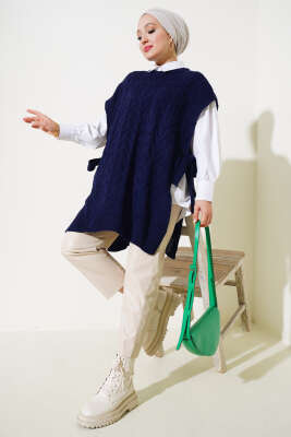 Saç Örgü Yan Bağlamalı Triko Süveter Lacivert - Thumbnail