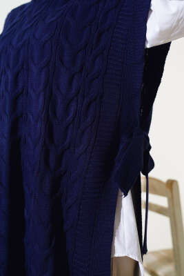 Saç Örgü Yan Bağlamalı Triko Süveter Lacivert - Thumbnail