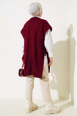 Saç Örgü Yan Bağlamalı Triko Süveter Bordo - Thumbnail