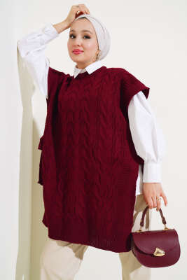 Saç Örgü Yan Bağlamalı Triko Süveter Bordo - Thumbnail