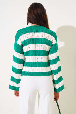 Kalın Çizgili Delikli Triko Kazak Zümrüt - Thumbnail