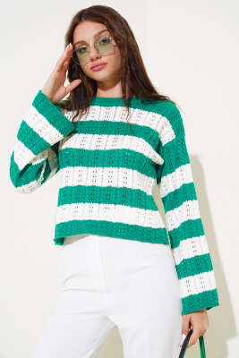 Kalın Çizgili Delikli Triko Kazak Zümrüt - Thumbnail