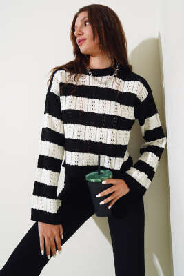 Kalın Çizgili Delikli Triko Kazak Siyah - Thumbnail