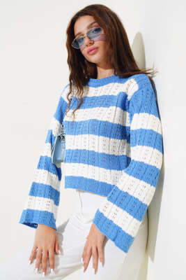 Kalın Çizgili Delikli Triko Kazak İndigo - Thumbnail