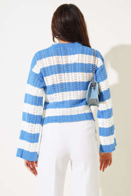 Kalın Çizgili Delikli Triko Kazak İndigo - Thumbnail