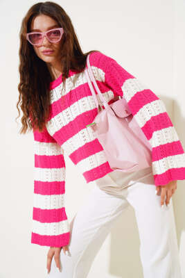 Kalın Çizgili Delikli Triko Kazak Fuşya - Thumbnail