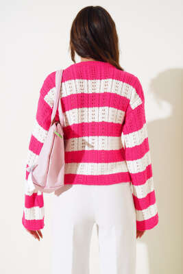 Kalın Çizgili Delikli Triko Kazak Fuşya - Thumbnail