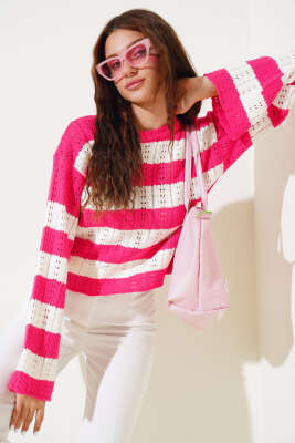 Kalın Çizgili Delikli Triko Kazak Fuşya - Thumbnail