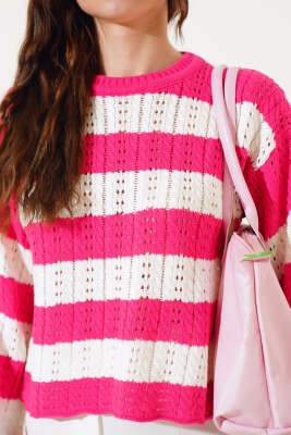 Kalın Çizgili Delikli Triko Kazak Fuşya - Thumbnail