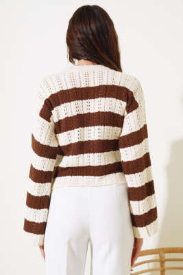 Kalın Çizgili Delikli Triko Kazak Bej - Thumbnail