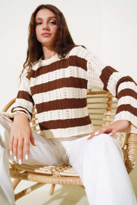 Kalın Çizgili Delikli Triko Kazak Bej - Thumbnail