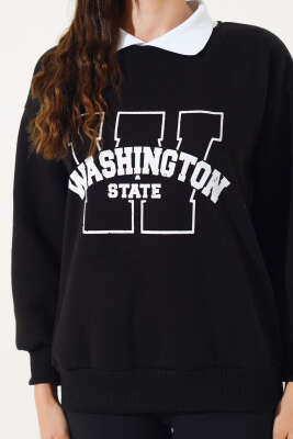 Washington Baskılı Üç İplik Sweatshirt Siyah - Thumbnail