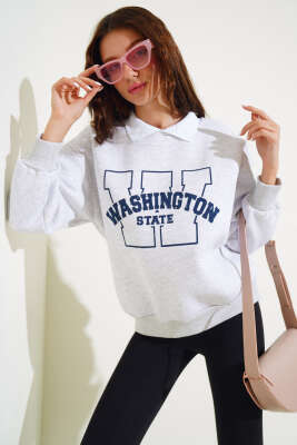 Washington Baskılı Üç İplik Sweatshirt Gri - Thumbnail