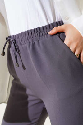 	 İp Detaylı Beli Lastikli Dar Paça Füme Pantolon - Thumbnail