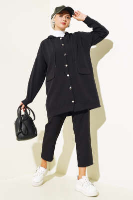 Pazarium - Metal Düğmeli Dabıl İkili Takım Siyah