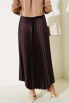 Pliseli Deri Görünümlü Etek Kestane - Thumbnail