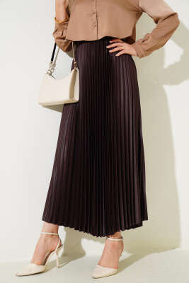 Pliseli Deri Görünümlü Etek Kestane - Thumbnail