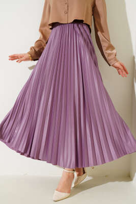 Pliseli Deri Görünümlü Etek Lila - Thumbnail