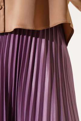 Pliseli Deri Görünümlü Etek Lila - Thumbnail