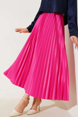 Pliseli Deri Görünümlü Etek Fuşya - Thumbnail